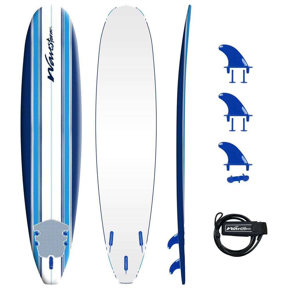 Wave Storm - Classic Soft Top Foam 9ft Surfboard for Beginners and All Surfing Levels Complete Set Includes Leash and Multiple Fins Heat Laminated, Blue Pinline