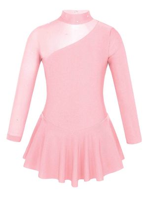 JanJean Kids Girls Long Sleeve Mock Neck Figure Ice Skating Dress Mesh Splice Ballet Dress Competition Dancewear Pearl Pink 12 Years