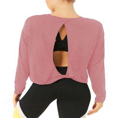 Bestisun Workout Tops Long Sleeve Yoga Shirts Open Back Running Exercise Clothes for Women Pink XL