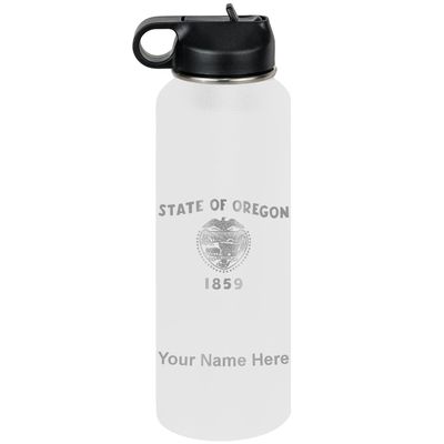 LaserGram Personalized Water Bottle, Flag of Oregon, Stainless Steel Double Wall Vacuum Insulated with Flip Top Straw, Custom Engraved Gift (40oz / 1180ml White)