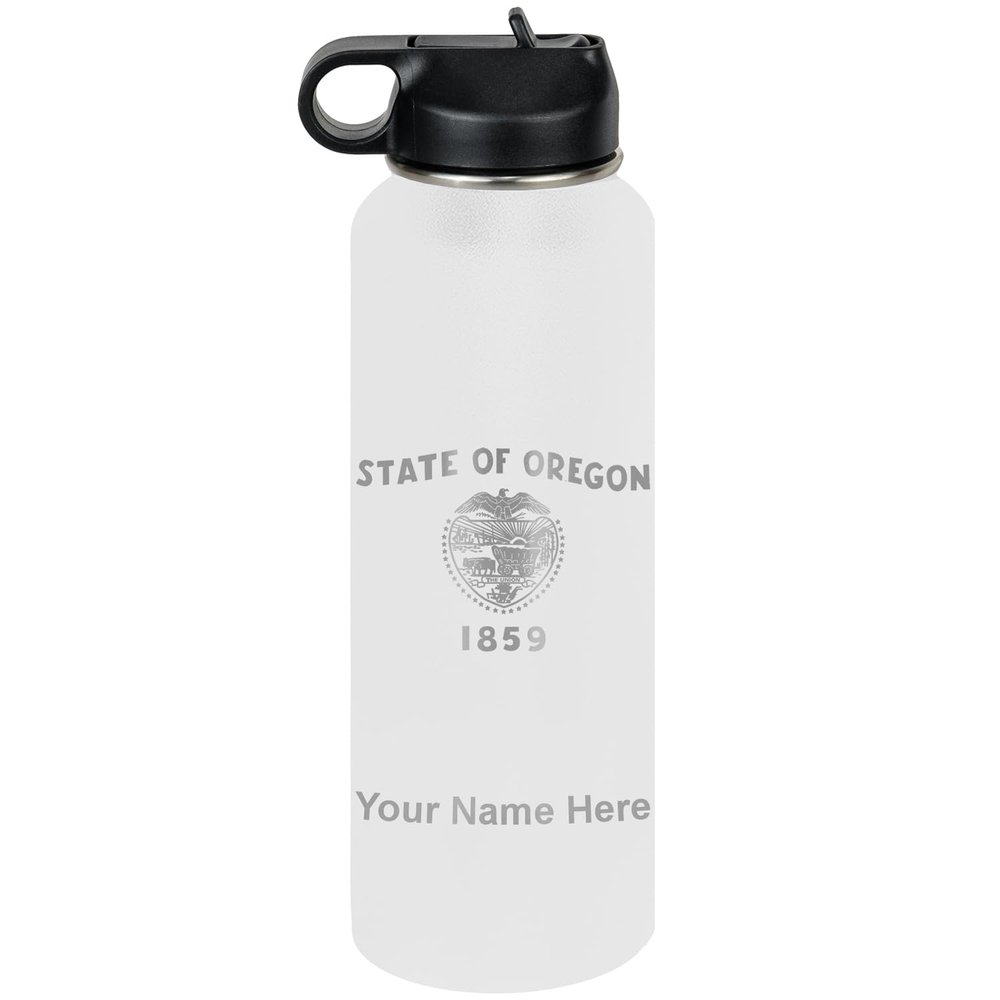 LaserGram Personalized Water Bottle, Flag of Oregon, Stainless Steel Double Wall Vacuum Insulated with Flip Top Straw, Custom Engraved Gift (40oz / 1180ml White)