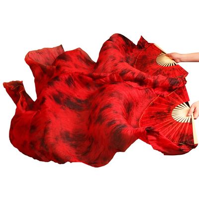 Aumulen Women 1 Pair (Left+Right) Real Silk Belly Dance Fan Veils Hand Made Colorful Tie-Dyed Dance Fans (Black red tie dyed)