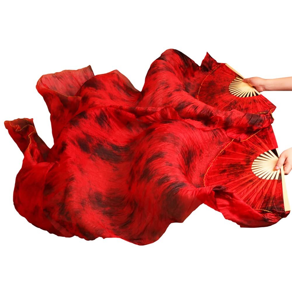Aumulen Women 1 Pair (Left+Right) Real Silk Belly Dance Fan Veils Hand Made Colorful Tie-Dyed Dance Fans (Black red tie dyed)