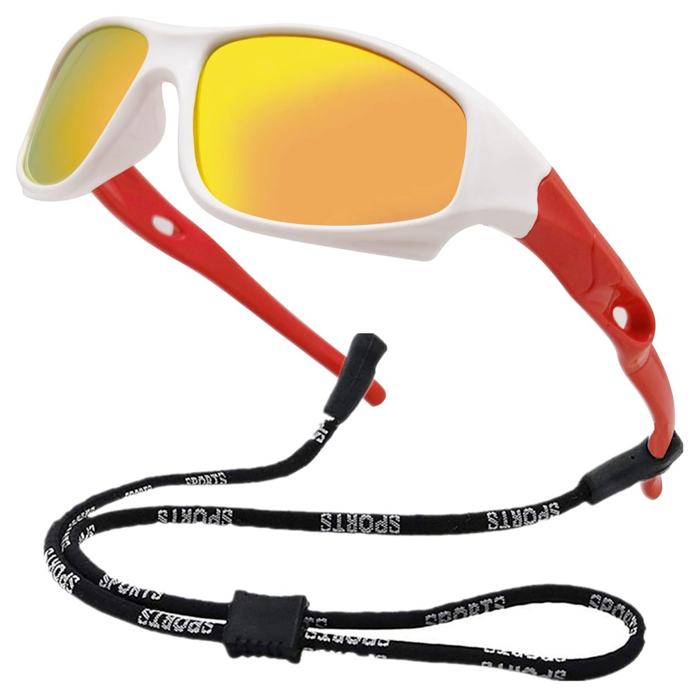 Kids Flexible Polarized UV Protection Sunglasses for Boys Girls Age 3-10 with Strap (white red mirrored orange)