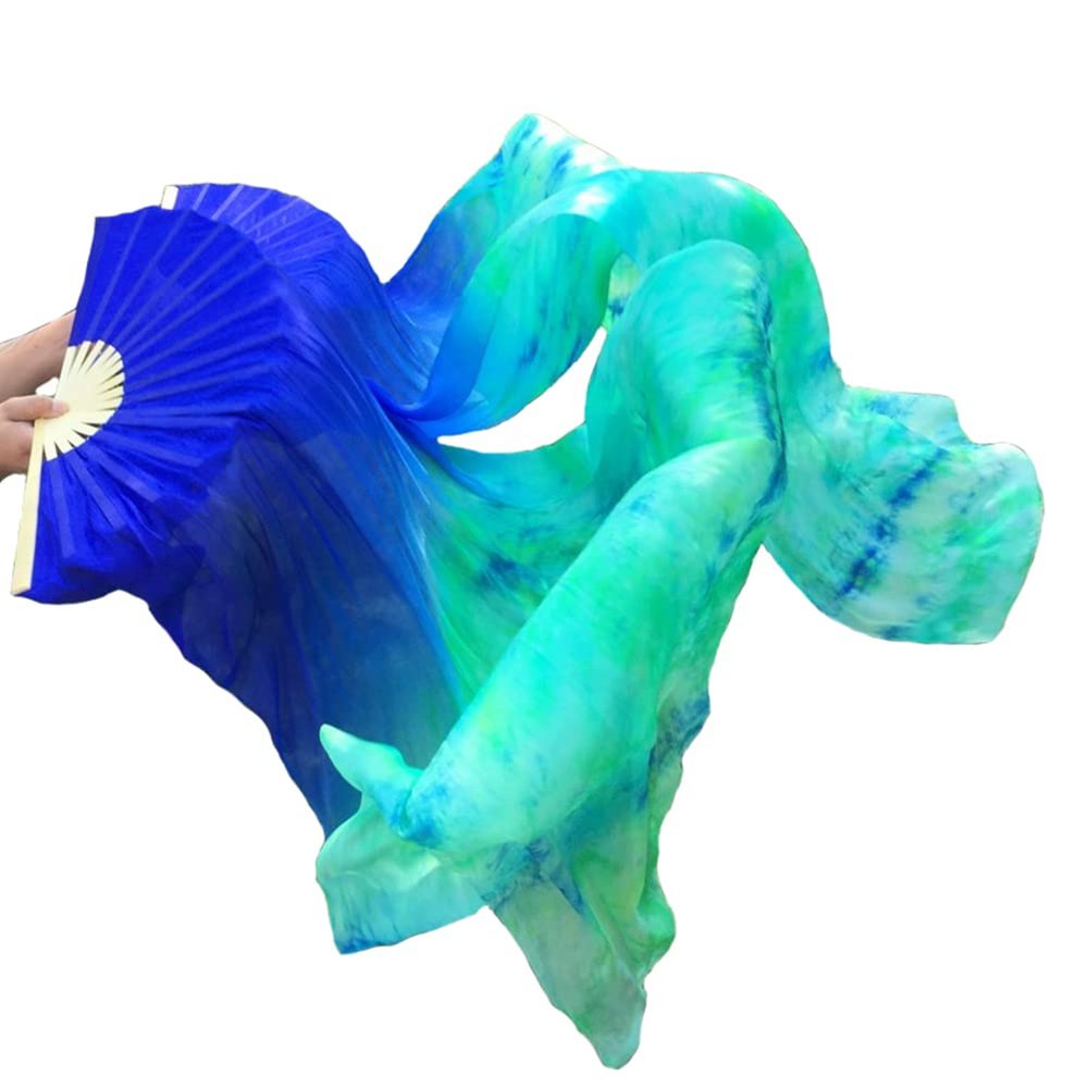 Aumulen Women 1 Pair (Left+Right) Real Silk Belly Dance Fan Veils Hand Made Colorful Tie-Dyed Dance Fans (Blue tie dyed)