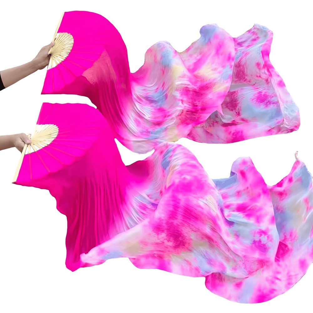 Aumulen Women 1 Pair (Left+Right) Real Silk Belly Dance Fan Veils Hand Made Colorful Tie-Dyed Dance Fans (Rose tie dyed)