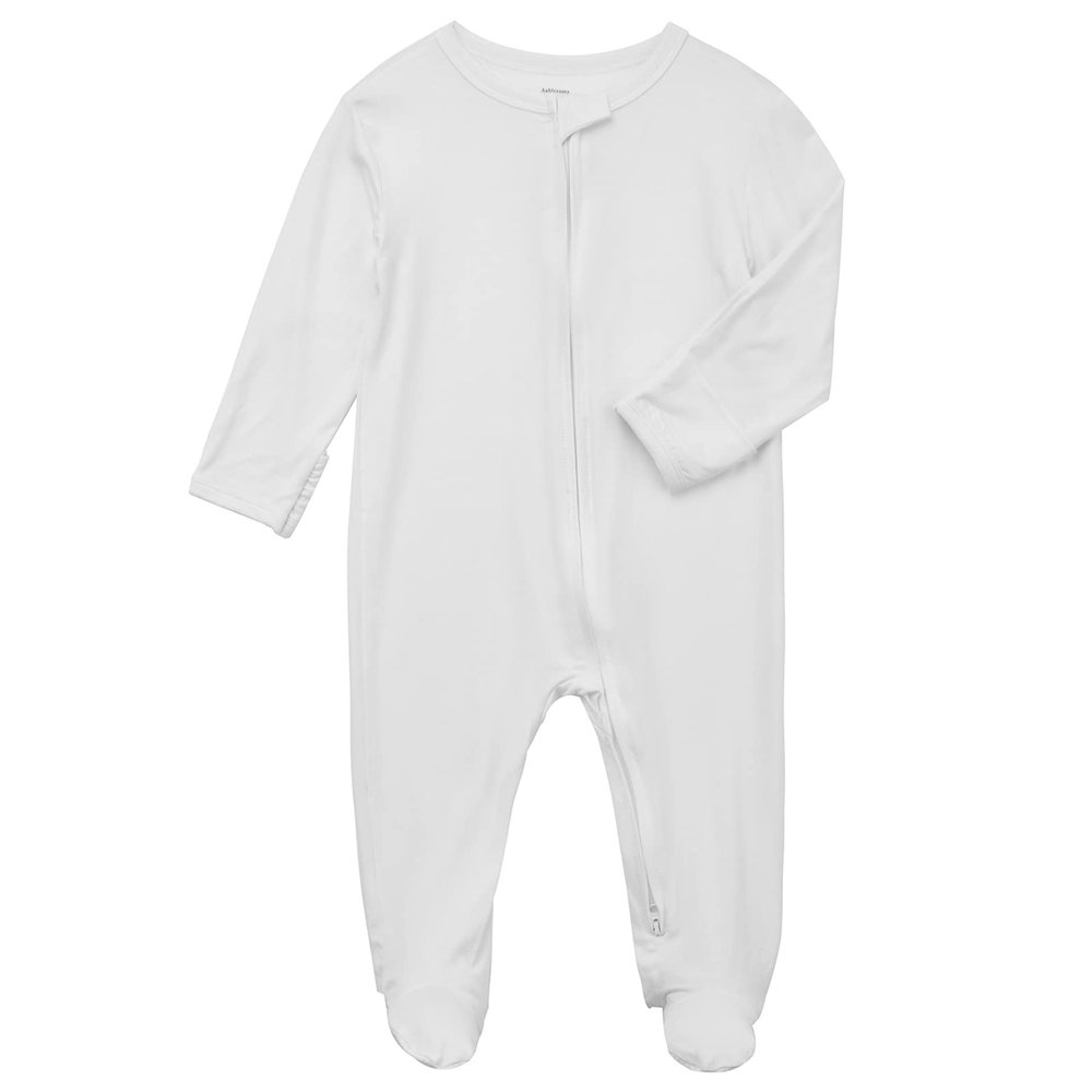 Aablexema Baby Footie Pajamas Zipper - Rayon from Bamboo Infant Footed Pjs with Mittens Sleepwear Jammies(White,Newborn)