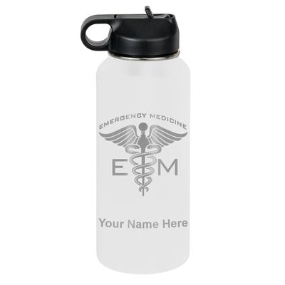 LaserGram Personalized Water Bottle, Emergency Medicine, Stainless Steel Double Wall Vacuum Insulated with Flip Top Straw, Custom Engraved Gift (32oz / 950ml White)