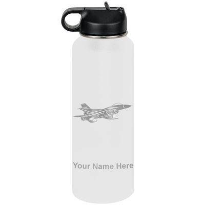 LaserGram Personalized Water Bottle, Fighter Jet 1, Stainless Steel Double Wall Vacuum Insulated with Flip Top Straw, Custom Engraved Gift (40oz / 1180ml White)