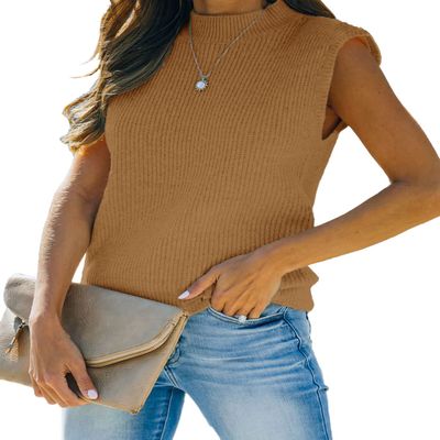 Amarmia Women's Mock Neck Knit Sweater Vest Sleeveless Casual Trendy Summer Ribbed Pullover Tank Tops Light Brown