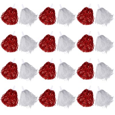 Chivao 24 Pcs Cheerleading Pom Poms, Metallic Foil Handle Cheer Squad Team Spirited Fun for Party, Sports Dance Cheer, 30 Grams Weight Each(White, Red)