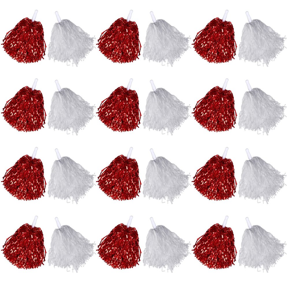 Chivao 24 Pcs Cheerleading Pom Poms, Metallic Foil Handle Cheer Squad Team Spirited Fun for Party, Sports Dance Cheer, 30 Grams Weight Each(White, Red)