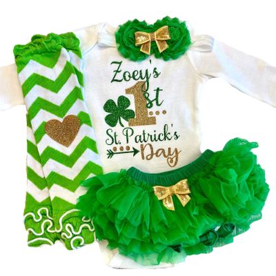Personalized Baby Girl First St. Patrick's Day Outfit My 1st St. Patrick's Day Optional Green Tutu Bloomers Headband and Leg Warmers (Green + Gold)