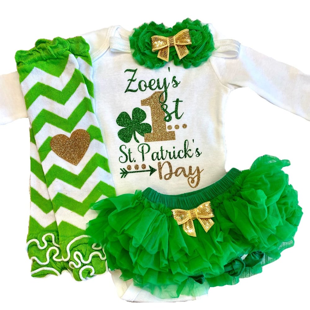 Personalized Baby Girl First St. Patrick's Day Outfit My 1st St. Patrick's Day Optional Green Tutu Bloomers Headband and Leg Warmers (Green + Gold)