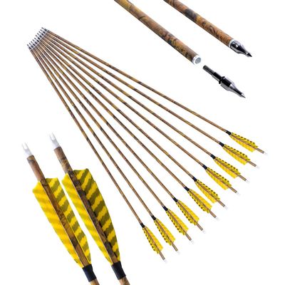 30 inch Archery Carbon Arrows Hunting Arrows with 4" Camo Feather Fletching 100 Grain Replaceable Points Targeting Practice Arrows Spine 500 for Recurve Bow Compound Bow Longbow (12 pcs, Camo)