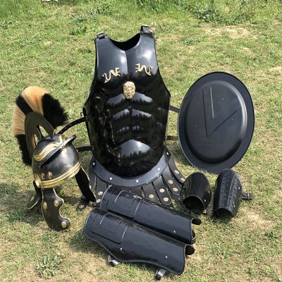 Nautical-Mart Medieval Muscle Body Armor Set Roman Centurion Helmet, Leg & Arm Guard, Shield Halloween Costume (Black And Brown Plume)