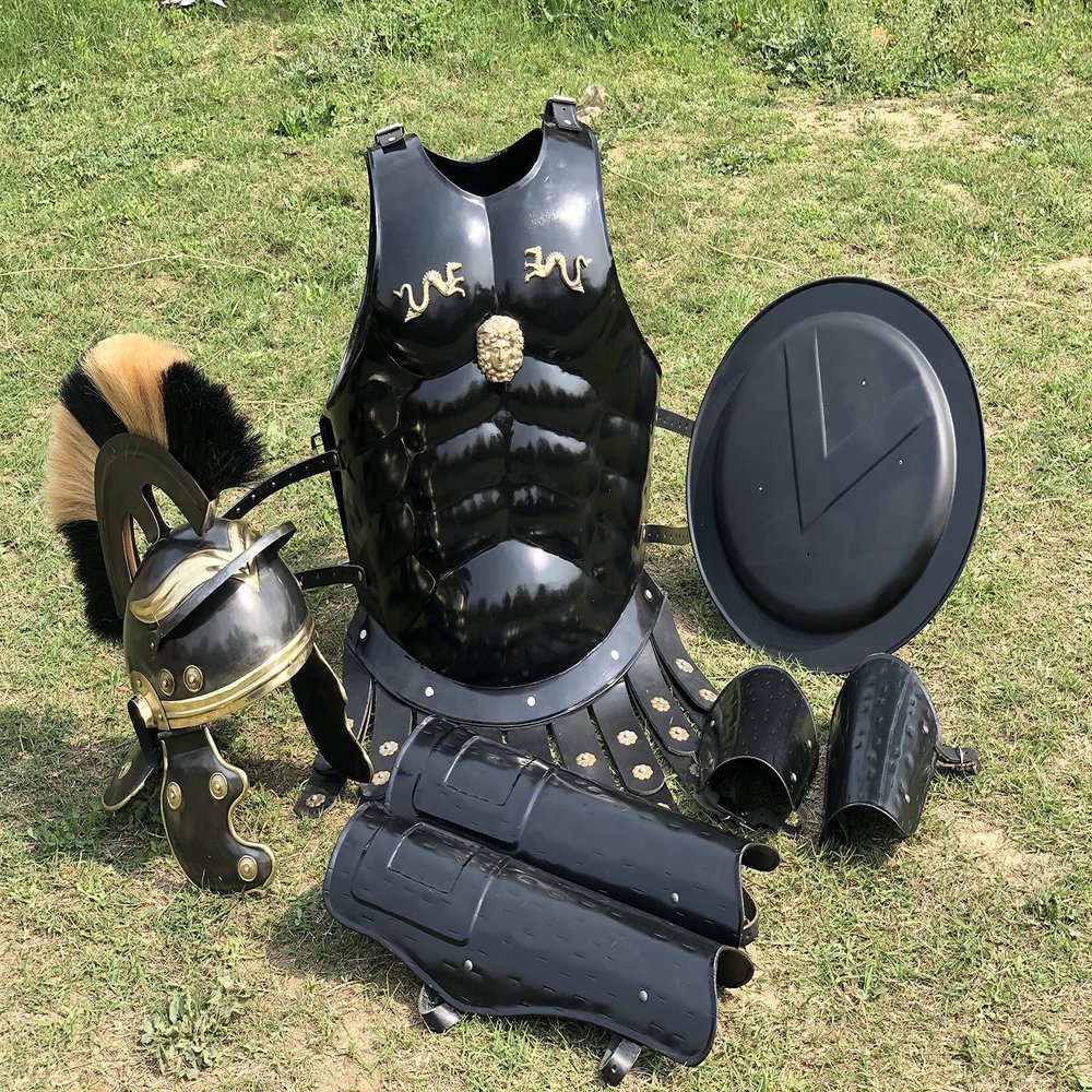 Nautical-Mart Medieval Muscle Body Armor Set Roman Centurion Helmet, Leg & Arm Guard, Shield Halloween Costume (Black And Brown Plume)