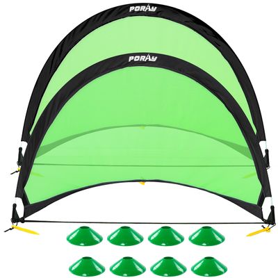 Poray Soccer Goal for Kid Easy-up Set of Two Portable Soccer Net 210D Oxford with 8 Field Marker Cones Extra Stakes Fun for Backyard and Soccer Training (2.4FT Long Green Goal Set)