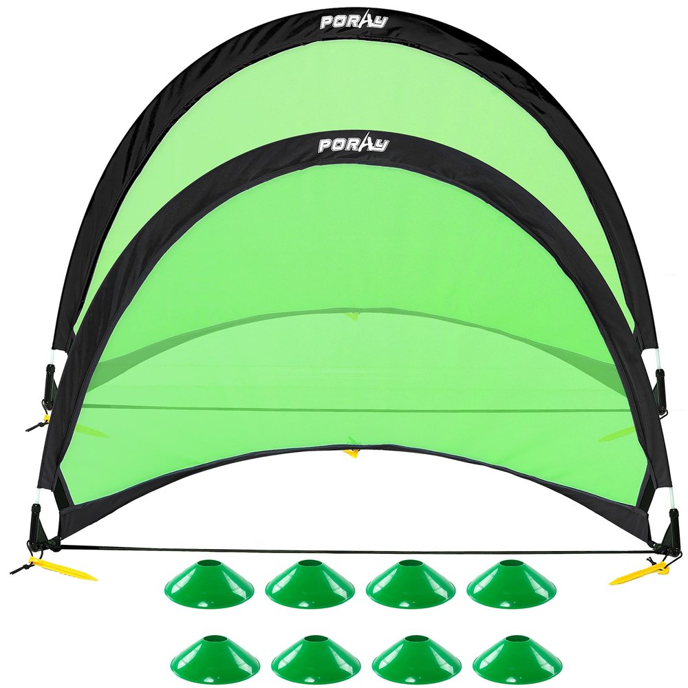 Poray Soccer Goal for Kid Easy-up Set of Two Portable Soccer Net 210D Oxford with 8 Field Marker Cones Extra Stakes Fun for Backyard and Soccer Training (2.4FT Long Green Goal Set)