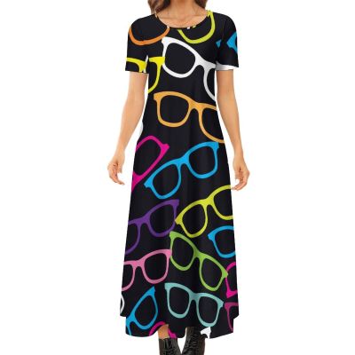 BAIKUTOUAN Eyeglasses Pop-Art Pattern Women's Short Sleeve Long Dresses Casual Round Neck T-Shirt Dress 7XL