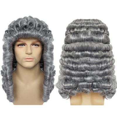 White Grey Male Lawyer Judge Colonial Deluxe Historical Costume Synthetic Cosplay Wig for Halloween,Gray