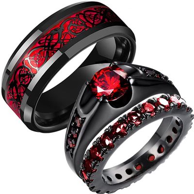 2in1 Black Bridal Ring Red Celtic Dragon Ring His and Hers Wedding Ring Sets Couples Rings for Lover Anniversary Engagement Promise Rings Bridal Sets