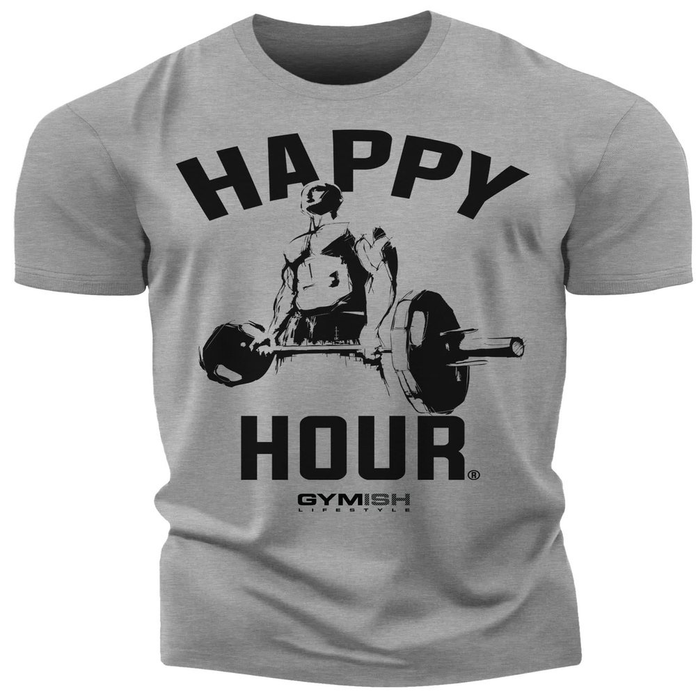 Squat Bench Deadlift Workout Shirt for Men Funny Gym Lifting Motivational Saying (02. Happy Hour Deadlift Grey)