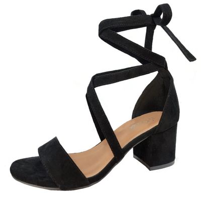 TruFox Wrap Around Lace Up Open Toe Low Block Chunky Heels Sandals, Black, 6.5