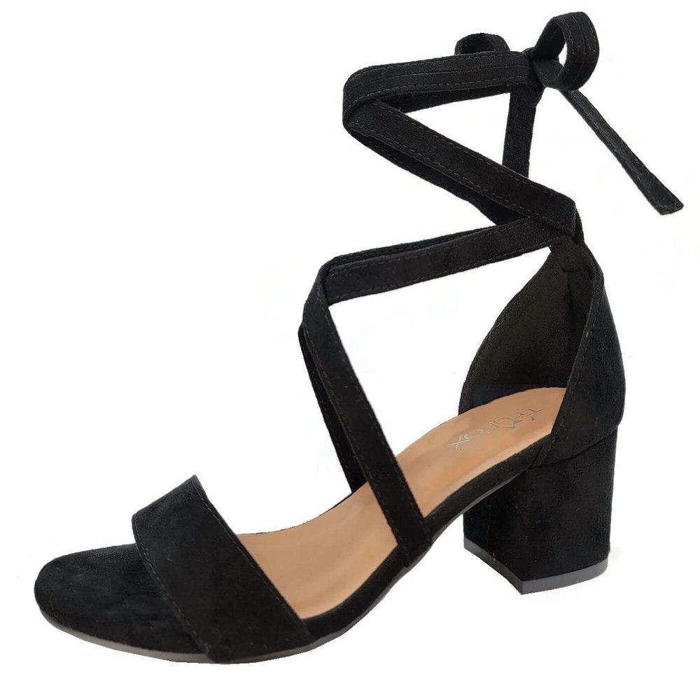 TruFox Wrap Around Lace Up Open Toe Low Block Chunky Heels Sandals, Black, 6.5