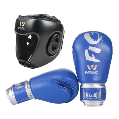 Wesing Kids 6oz Boxing Gloves and Head Gear Set Kickboxing Muay Thai Kids Sparring Punching Gloves (M, Blue)