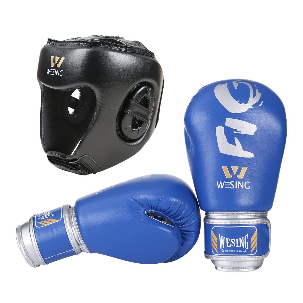 Wesing Kids 6oz Boxing Gloves and Head Gear Set Kickboxing Muay Thai Kids Sparring Punching Gloves (M, Blue)