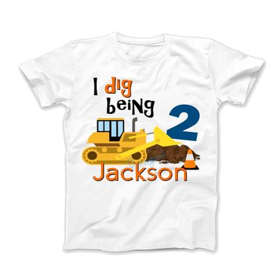 Bulldozer I Dig Being Theme Personalized Shirt, White, Construction Birthday Shirt (Youth S 8-10)