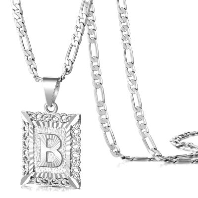 KissYan Initial Letter Pendant Necklace for Men Women, White Gold Plated Square Capital Monogram Necklace Alphabets from A-Z Figaro Chain Jewelry (White Gold B)