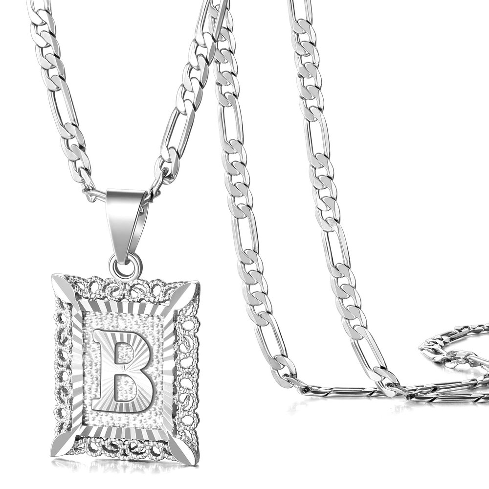 KissYan Initial Letter Pendant Necklace for Men Women, White Gold Plated Square Capital Monogram Necklace Alphabets from A-Z Figaro Chain Jewelry (White Gold B)