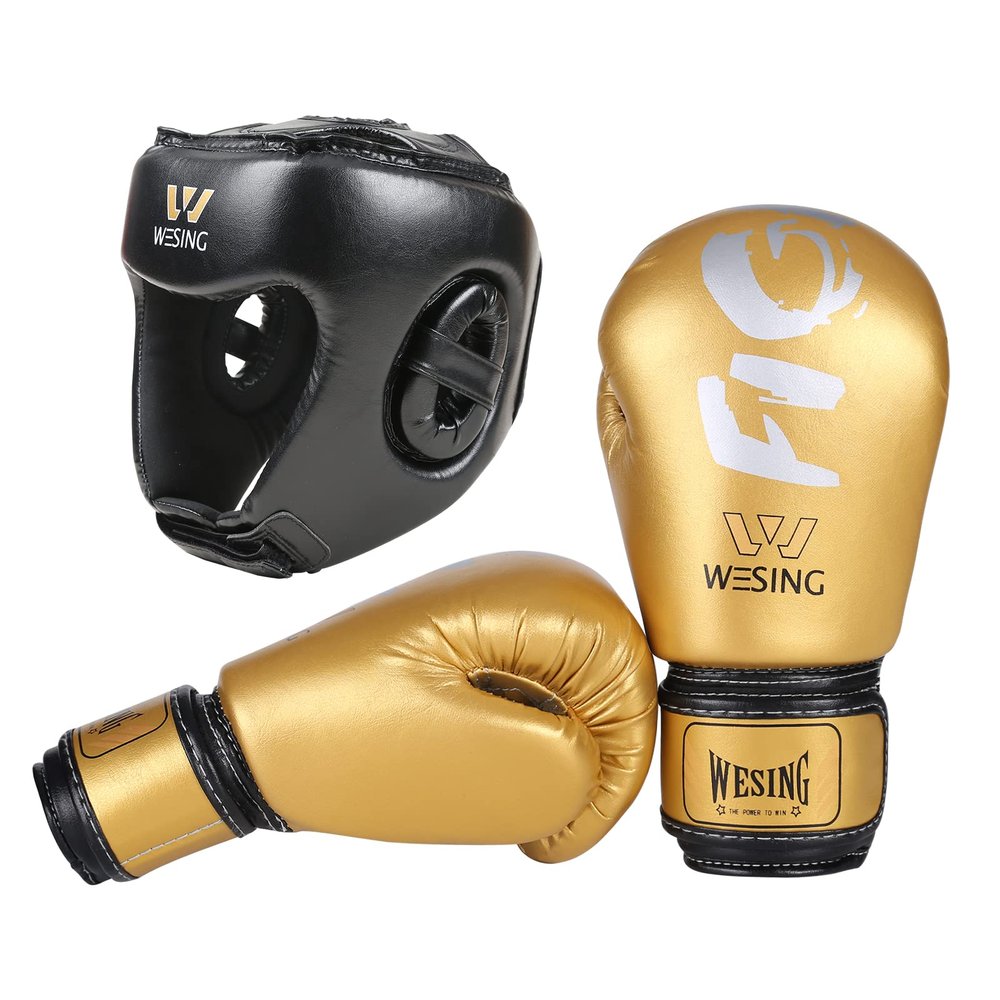 Wesing Kids 6oz Boxing Gloves and Head Gear Set Kickboxing Muay Thai Kids Sparring Punching Gloves (S, Gold)