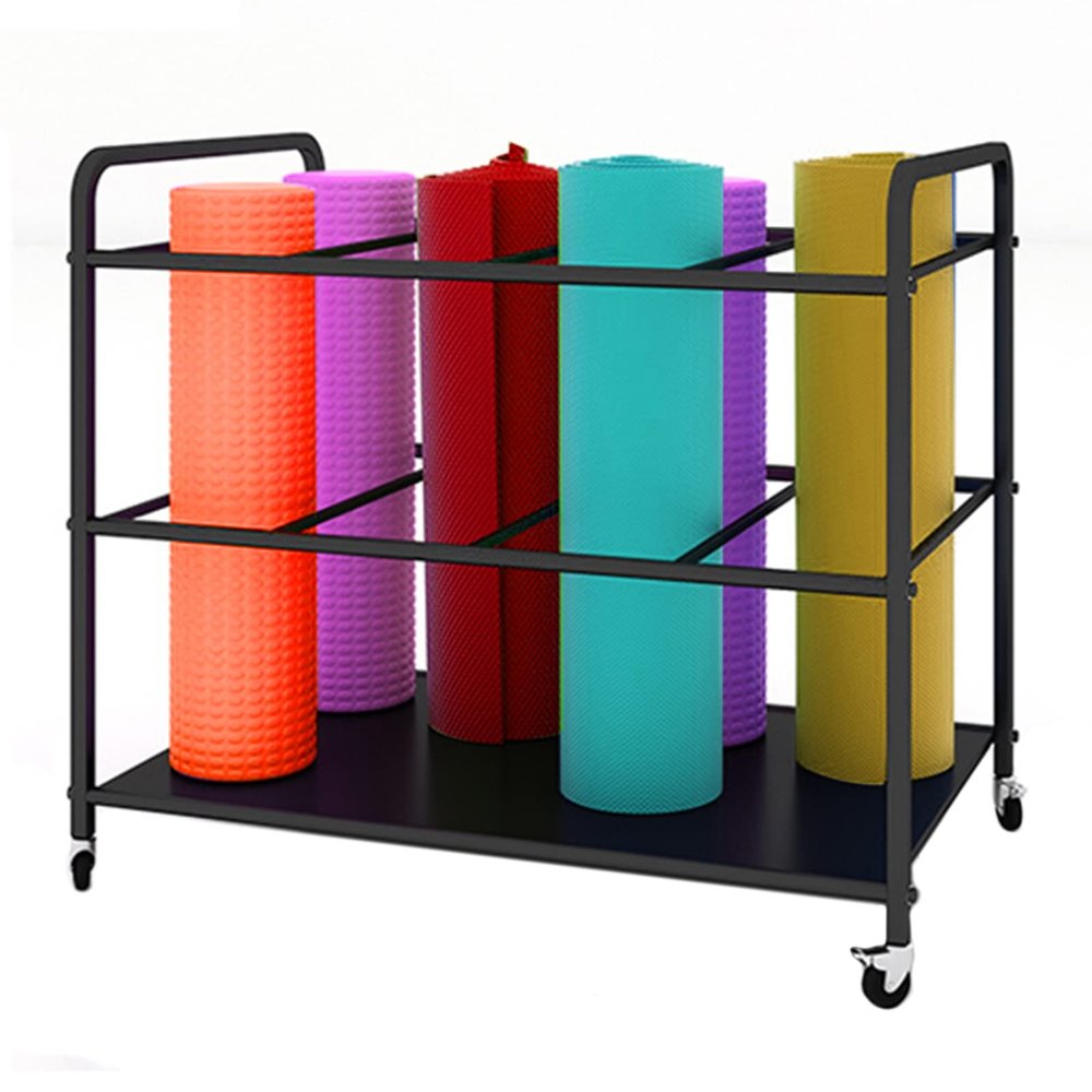 LXLF Black Metal Rolling Yoga Mats Storage Cart with Lockable Wheels, Foam Rollers Rack Pilates Pads Holder, Gym Exercise Mats Trolley (Size : 80x50x70 cm)