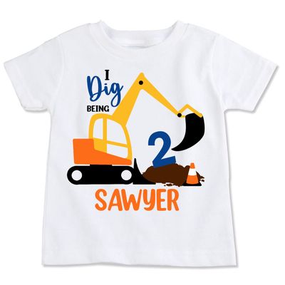 Excavator I Dig Being Theme Personalized Shirt, White, Construction Birthday Shirt (Youth M 10-12)