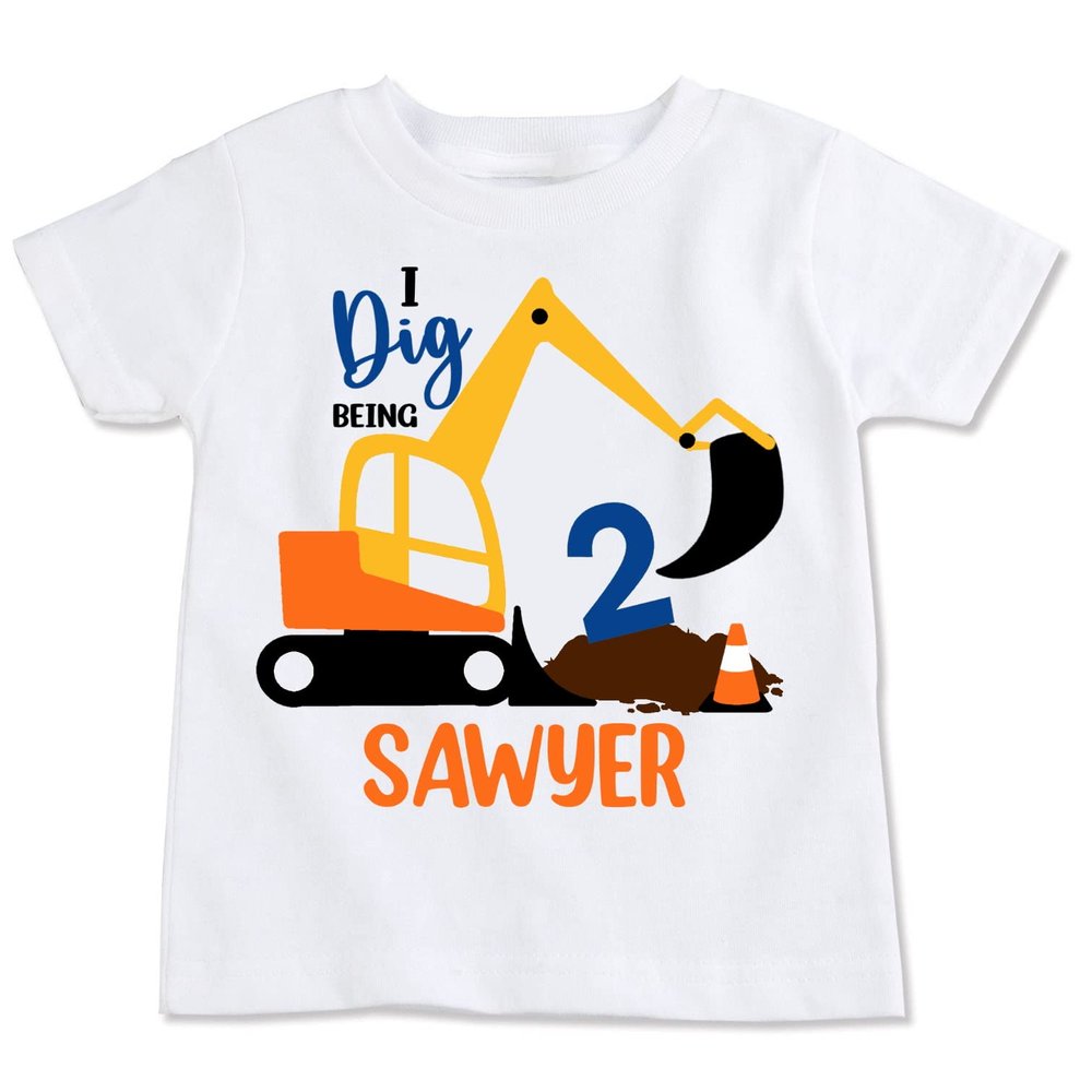 Excavator I Dig Being Theme Personalized Shirt, White, Construction Birthday Shirt (Youth M 10-12)