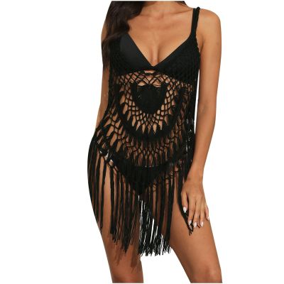 tuduoms Crochet Mini Cover Ups Womens Sexy V Neck Hollow Out Tassel Swimsuit Coverup Bikini Beach Bathing Suit Bohemian Style