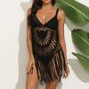tuduoms Crochet Mini Cover Ups Womens Sexy V Neck Hollow Out Tassel Swimsuit Coverup Bikini Beach Bathing Suit Bohemian Style view 2