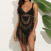 tuduoms Crochet Mini Cover Ups Womens Sexy V Neck Hollow Out Tassel Swimsuit Coverup Bikini Beach Bathing Suit Bohemian Style view 4