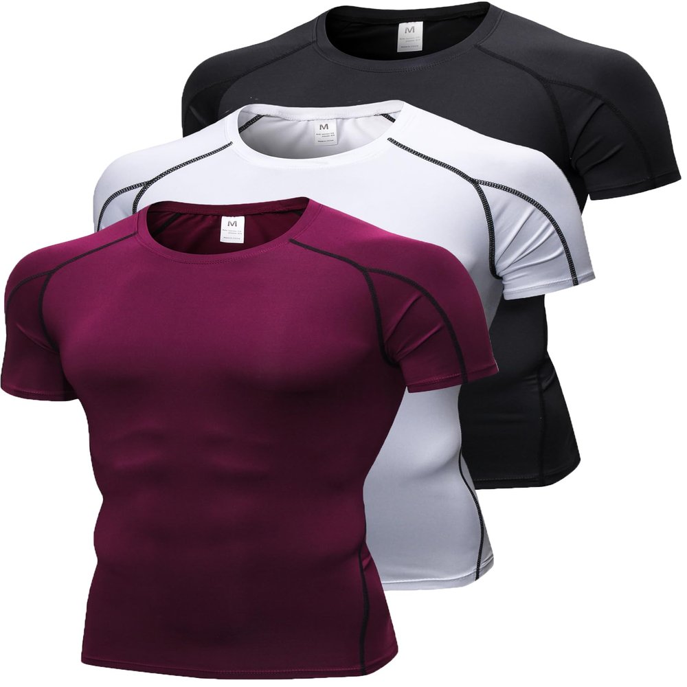 3 Pack Men's Compression Shirts Short Sleeve Workout T-Shirt Cool Dry Undershirts Baselayer Sport Cool Shirt Running Tops