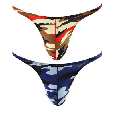 Men's Sexy Bikini Silk Camouflage Briefs Low Waist Beach Shorts Swimwear (Regular, Medium, A201 Blue & Red)