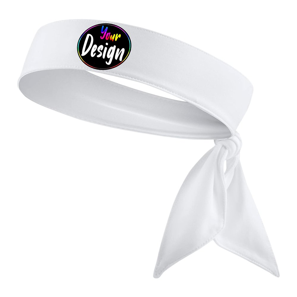 B3 U ATHLETICS Upload Your Design White Sports Head Tie Headband- Personalize Customize Own Custom Logo - Text Name Number Image Colors Moisture Wicking Stretch Fitness