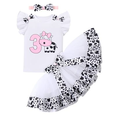 My 3rd Birthday Cow Tutu Skirt & Headband - Toddler Girl Cake Smash Outfit - Farm Animal Birthday Party Supplies - Moo Moo I'm Three White