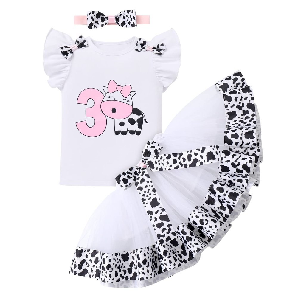 My 3rd Birthday Cow Tutu Skirt & Headband - Toddler Girl Cake Smash Outfit - Farm Animal Birthday Party Supplies - Moo Moo I'm Three White