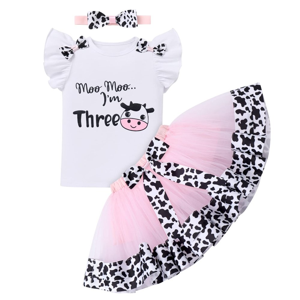 Cow Third Birthday Girl Outfit - Toddler Kids T-shirt, Tutu Skirt, Headband - Cake Smash Photoshoot - Baby Cows Print - My 3rd Birthday Farm Animals Party Supplies - Moo Moo I'm Three Pink