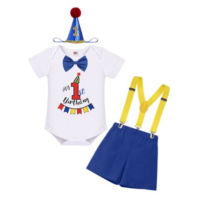 1st First Birthday Outfit Baby Boy Smash Cake One Year Old Party Toddler Bow Tie Cotton Short Sleeve Romper Shorts Pants Y-back Suspenders 3PCS Clothes Set Photo Shoot Royal Blue+Hat&Red 6-12 Months
