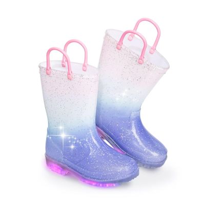 EUXTERPA Girls Glitter Light Up Waterproof Rain Boots Toddler Kids Rainbow Boots with Easy On Handles, Purple Gradient, Toddler Size 10