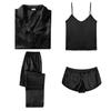 SWOMOG Womens Silk Satin Pajamas Sets 4pcs Sleepwear Sexy Cami Shorts Set and Button Down Short Sleeve Pjs Loungewear Solid Color Black Small view 1